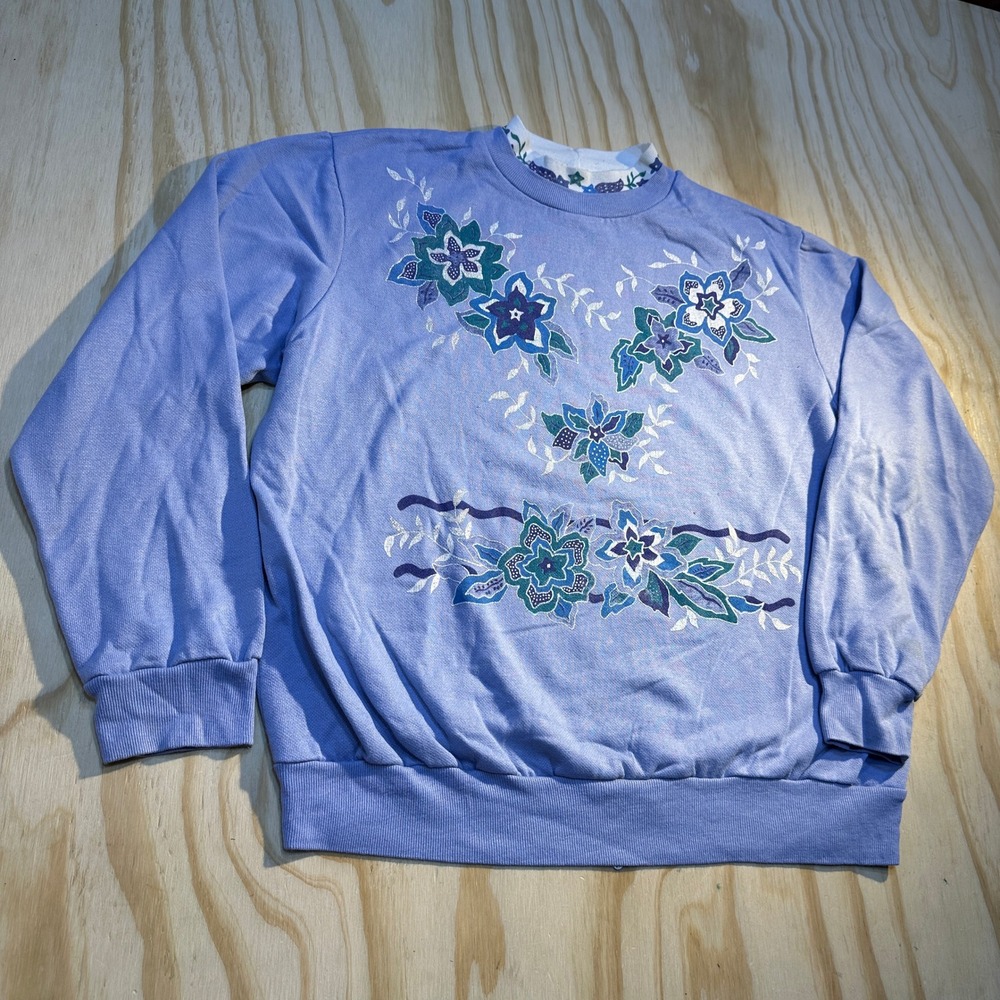 Blair Women's Vintage Floral Sweatshirt Blue Double Collar Graphic Pullover Sz M